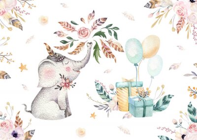 Papier peint  Aquarelle avec un éléphant, des fleurs et des cadeaux