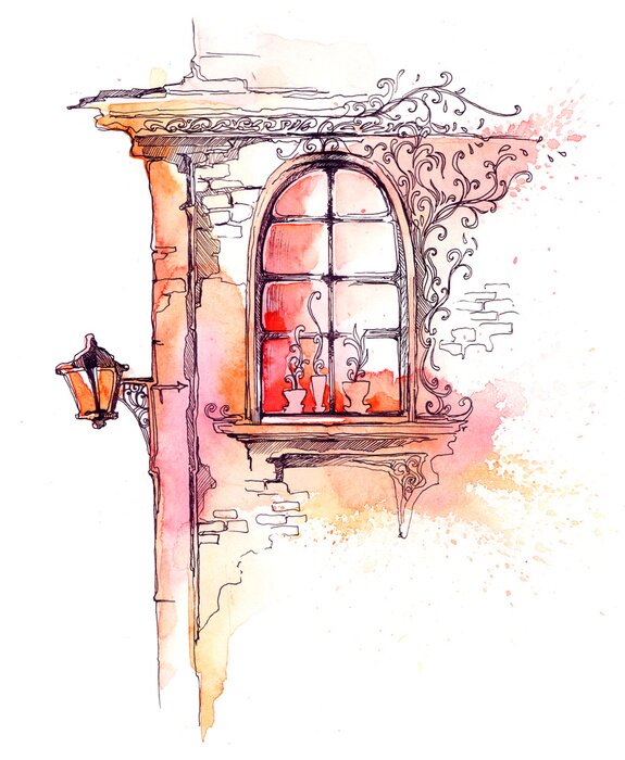 Papier peint  Aquarelle avec un réverbère