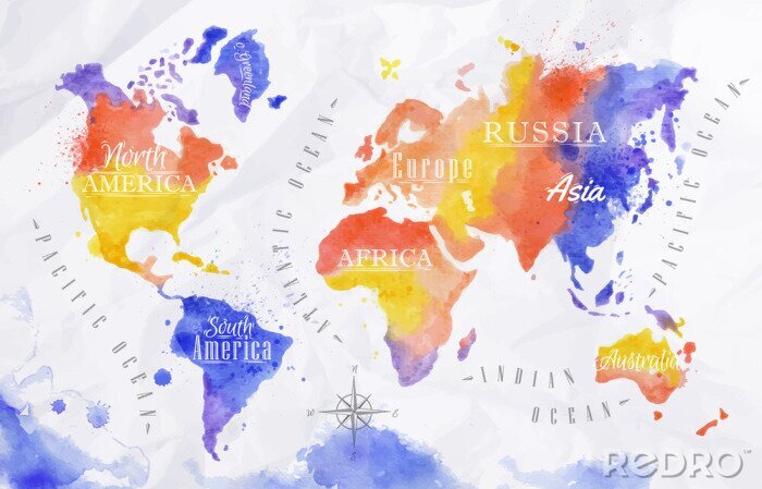 Papier peint  Aquarelle carte du monde rouge pourpre