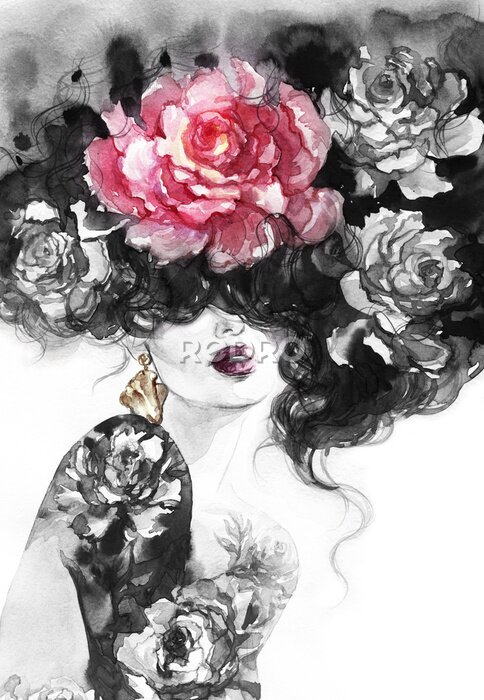 Papier peint  Aquarelle d'une femme avec des fleurs
