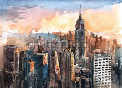 Papier peint  Aquarelle de gratte-ciel de Manhattan au coucher du soleil - Circuits de la ville de New York