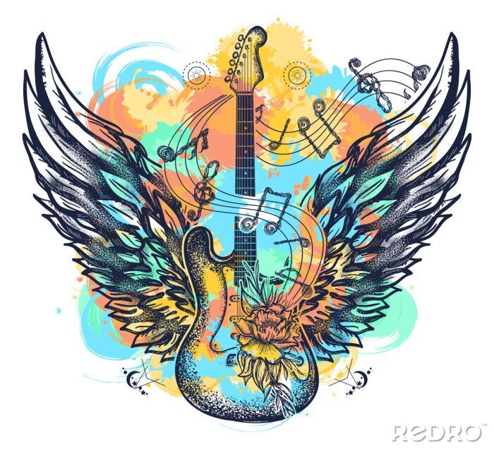 Papier peint  Aquarelle de tatouage guitare et ailes éclabousse style. Conception de t-shirt rock and roll. Symbole de la musique, festivals de musique. Art de la guitare électrique