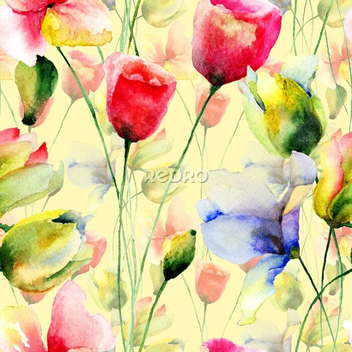 Papier peint  Aquarelle de tulipes au milieu de fleurs des champs