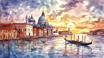 Papier peint  Aquarelle de Venise sur fond de coucher de soleil