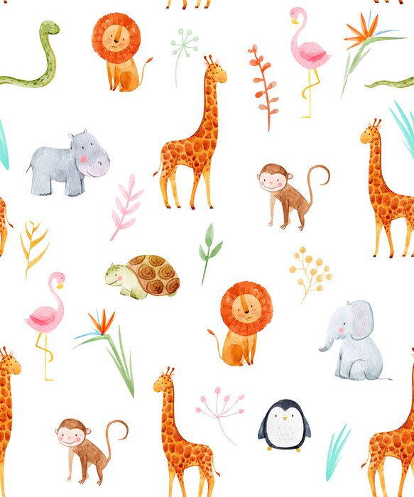 Papier peint  Aquarelle et animaux safari
