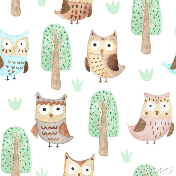 Papier peint  Aquarelle, hiboux, bois, seamless, modèle