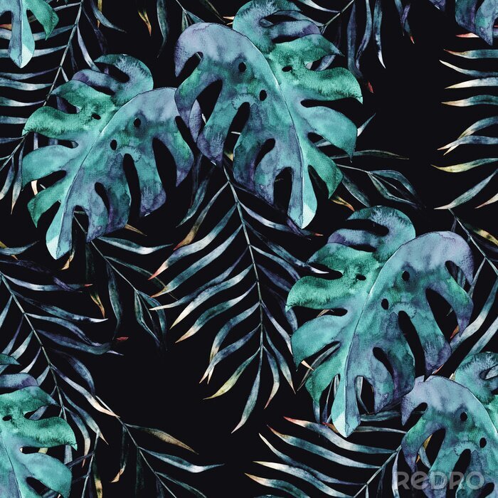 Papier peint  Aquarelle, motif exotique sans soudure, feuilles tropicales vertes, illustration d'été botanique sur fond noir