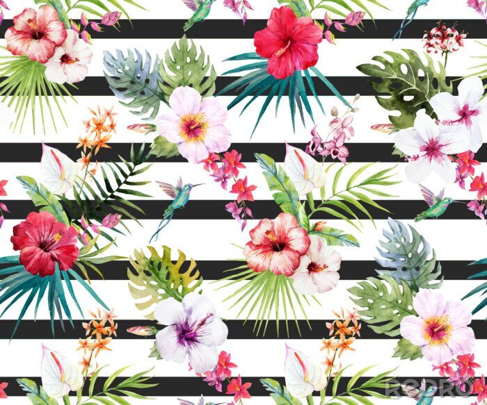 Papier peint  Aquarelle motif floral tropical