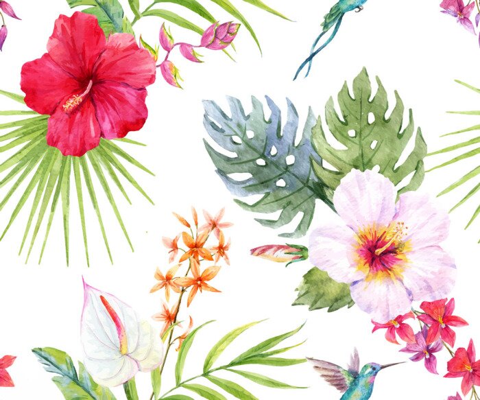 Papier peint  Aquarelle motif floral tropical