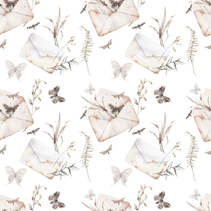 Papier peint  Aquarelle papillon et modèle sans couture d'herbes champ été. Texture peinte à la main avec enveloppe, mite et éléments botaniques: plantes, fougères, feuilles. Fond naturel répété