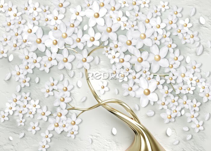 Papier peint  Arbre à fleurs blanches en 3D