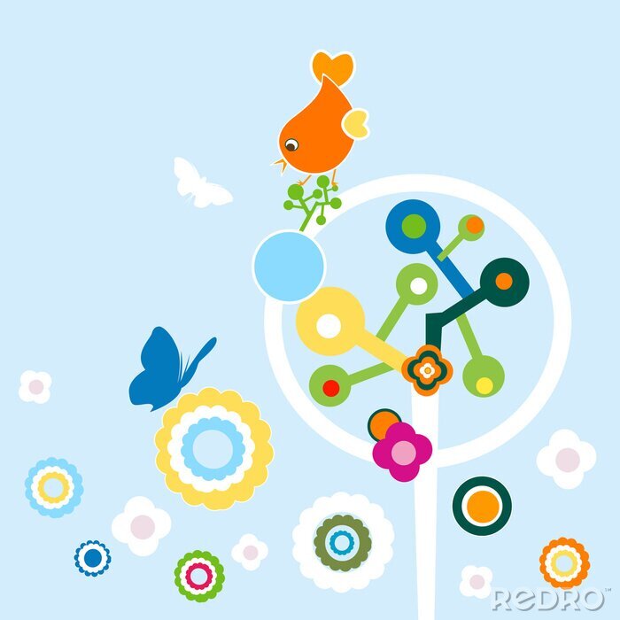 Papier peint  Arbres abstraits, fleurs et oiseaux