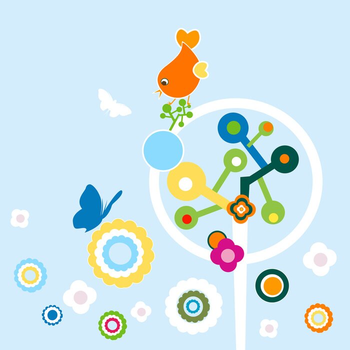 Papier peint  Arbres abstraits, fleurs et oiseaux