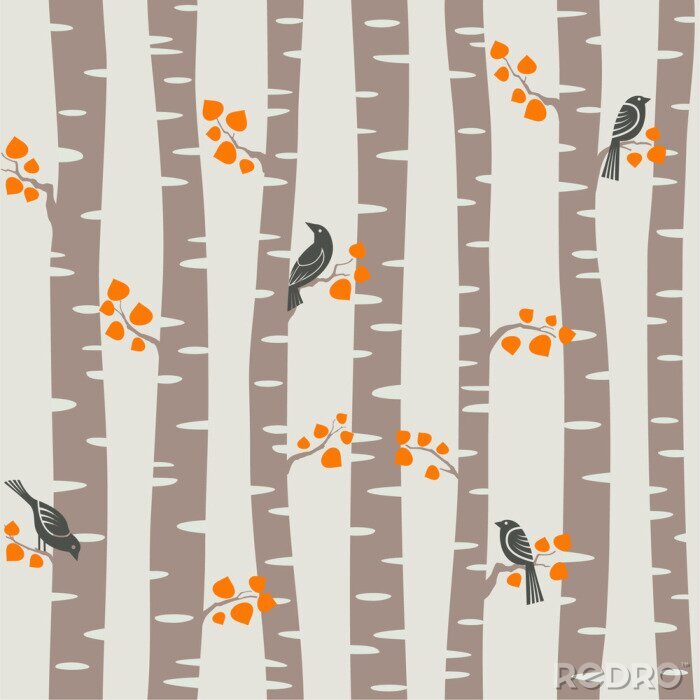 Papier peint  Arbres et oiseaux dans la forêt d'automne