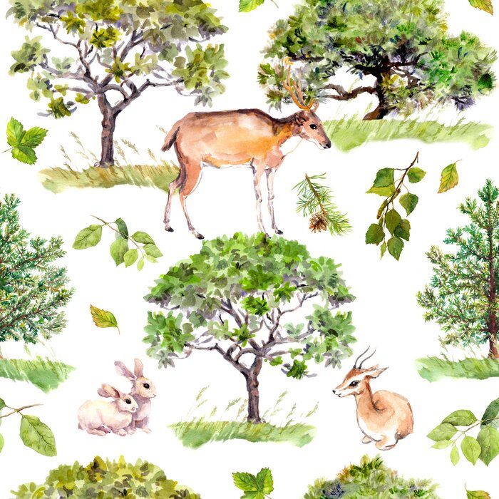 Papier peint  Arbres verts. Parc, modèle forestier avec animaux forestiers - cerf, lapins, antilope. Fond de répétition sans couture. Aquarelle