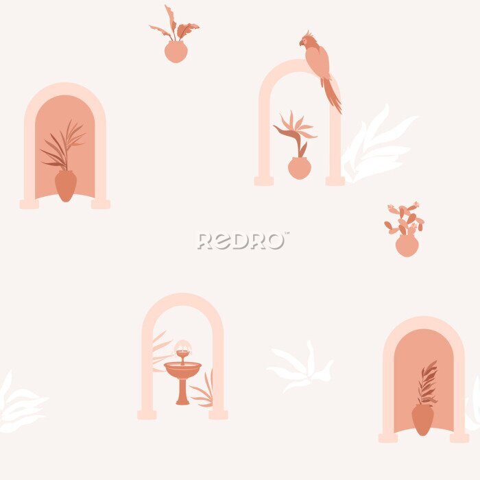 Papier peint  Arch with parrot, fountain, palm leaves in pots. Tropical seamless pattern in trendy minimal style. Abstract desert landscape with columns, cactus, strelitzia flower.