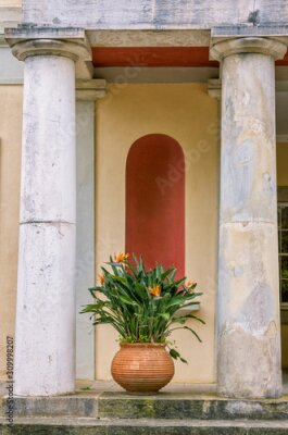 Papier peint  Architecture details – part view of the old  building with yellow walls, columns, stone steps and blooming strelitzia plant with orange flower  in a clay pot.