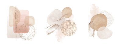 Arrangements. Blush, pink, ivory, beige watercolor Illustration and gold elements, on white background. Abstract modern print set. Logo. Wall art. Poster. Business card.