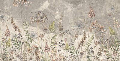 Papier peint  Art drawing in vintage style in light beige tones, wallpaper on which dried flowers are depicted, texture background.