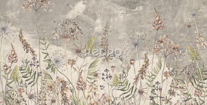 Papier peint  Art drawing in vintage style in light beige tones, wallpaper on which dried flowers are depicted, texture background.