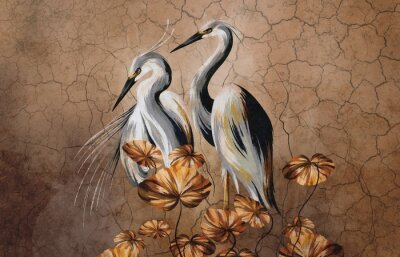 Papier peint  Art painted birds in beige tones, photo wallpaper