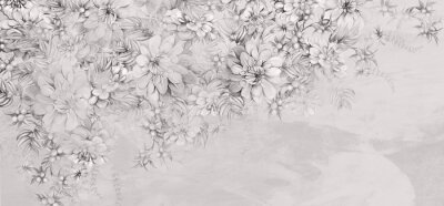Art painted flowers on the textured wall photo wallpaper in the interior in black and white style