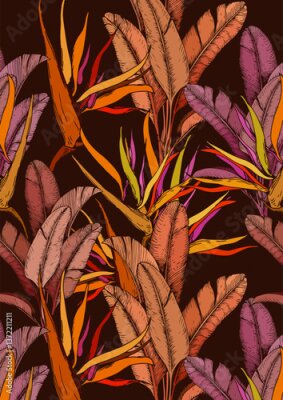 Papier peint  Art print with tropical leaves and exotic strelitzia flowers. Hawaiian style botanical background. Hand drawn vector illustration.