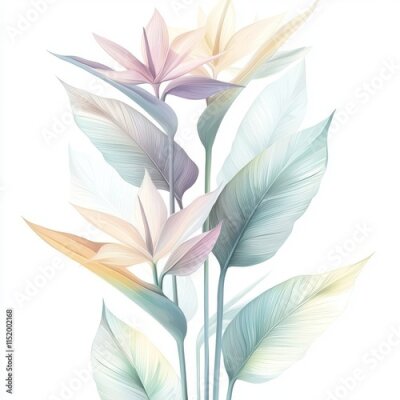 Papier peint  Artistic depiction of an exotic flower. Strelitzia with royal blooms and lush green leaves. Greeting card featuring the Bird of Paradise plant.