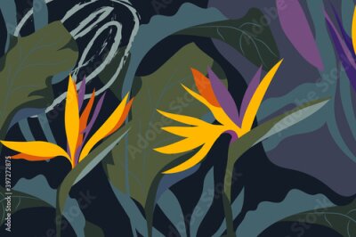Papier peint  Artistic seamless pattern with abstract leaves and bird of paradise flowers (strelitzia), tropical plants in night jungle. Modern vector design for paper, cover, fabric, interior decor and more.