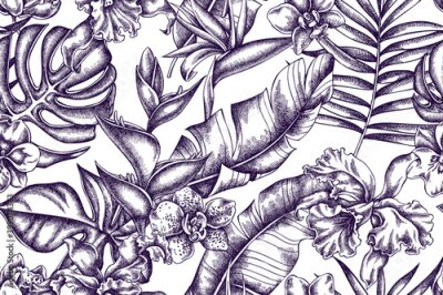 Papier peint  Artistic seamless pattern with monstera, banana palm leaves, strelitzia, heliconia, tropical palm leaves, orchid
