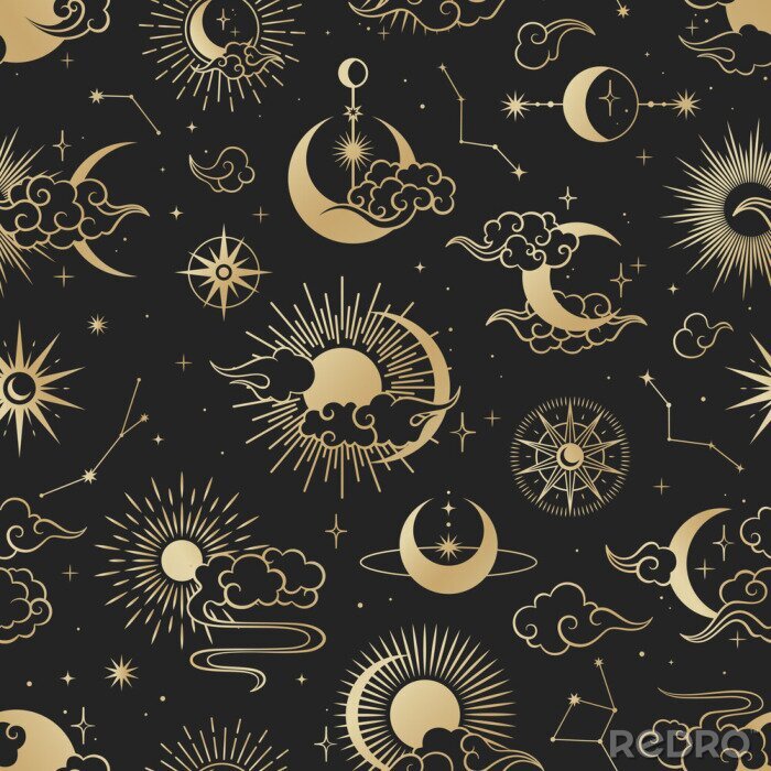 Papier peint  Asian seamless pattern with clouds, moon, sun, stars . Vector collection in oriental chinese, japanese, korean style. Line hand drawn on black background.