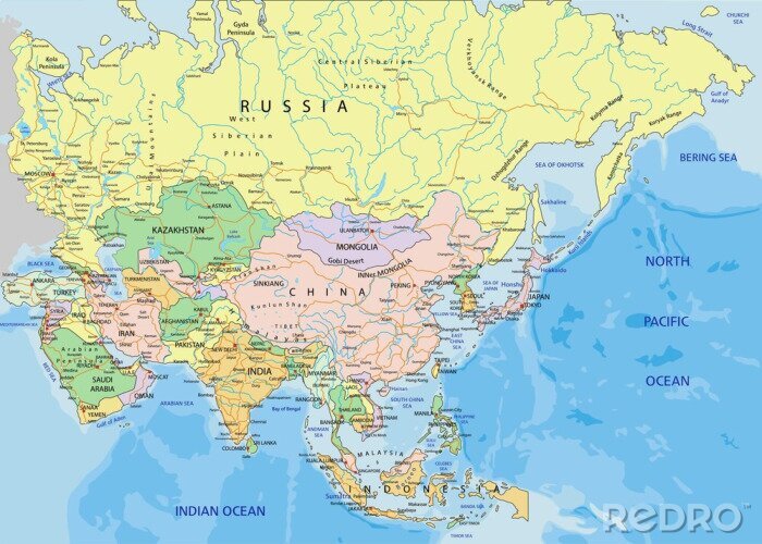Papier peint  Asie - très détaillée carte politique modifiable.
