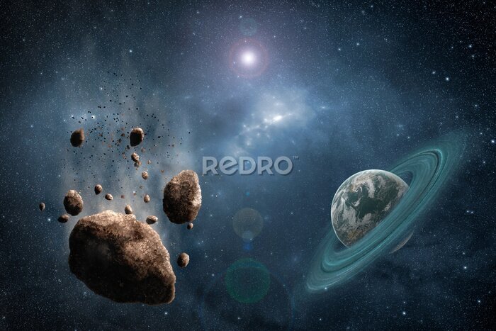 Papier peint  Astéroïdes et planète avec un anneau dans l'espace