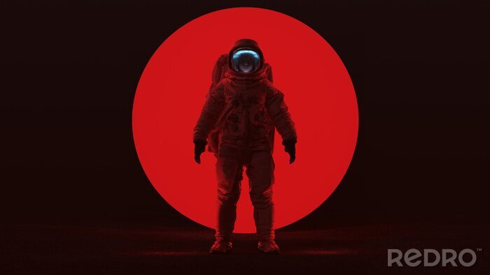 Papier peint  Astronaut in a Red Space Suit Standing in a Alien Void with a Clear Visor Woman's Face with a Big Red Alien Sphere in a Dark foggy void Front View 3d Illustration 3d render