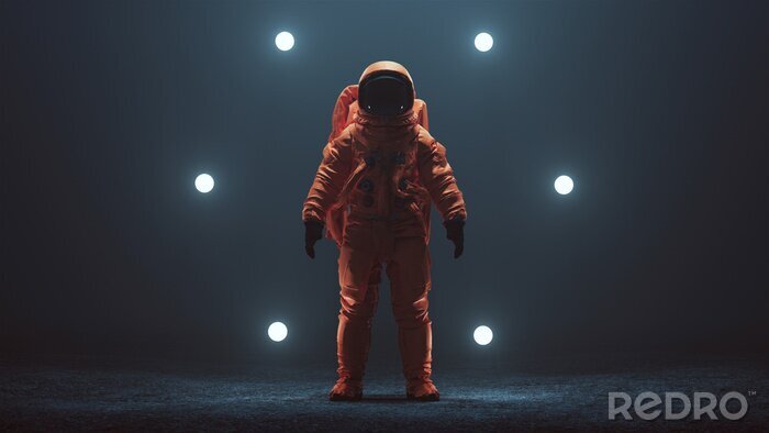 Papier peint  Astronaut in an Orange Space Suit with Black Visor Standing in a Alien Void 3d illustration 3d render