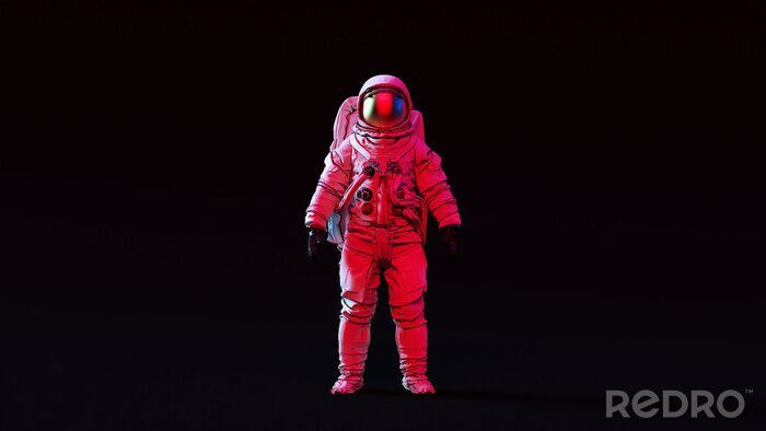 Papier peint  Astronaut with Gold Visor and White Spacesuit with Pink and Blue Moody 80s lighting Front 3d illustration 3d render