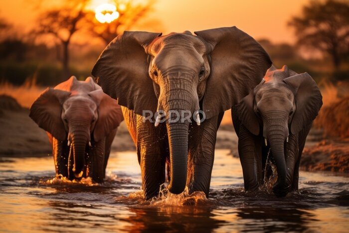 Papier peint  At sunrise, elephants congregate gracefully around a watering hole, silhouetted against the breathtaking canvas of the awakening savannah.