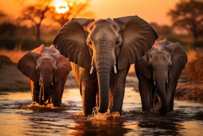 Papier peint  At sunrise, elephants congregate gracefully around a watering hole, silhouetted against the breathtaking canvas of the awakening savannah.
