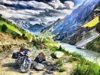 Papier peint  Aventure moto à la peinture à l'huile de la montagne Himalaya