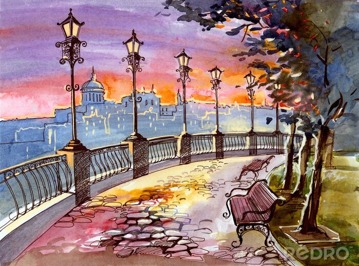 Papier peint  Avenur avec lampadaires peinte à la main