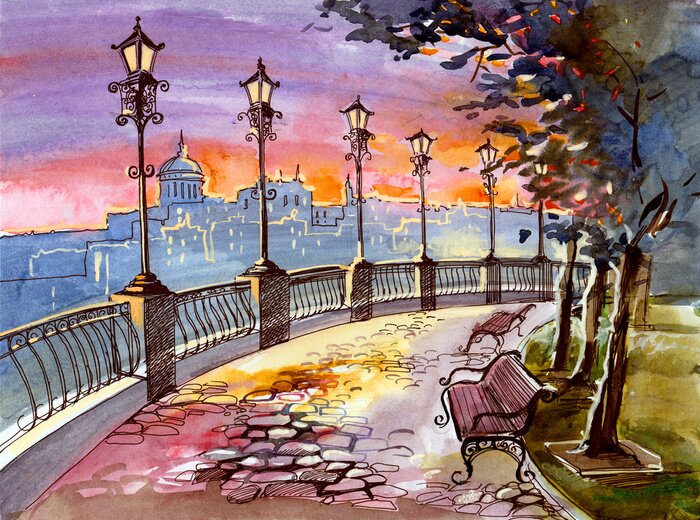 Papier peint  Avenur avec lampadaires peinte à la main