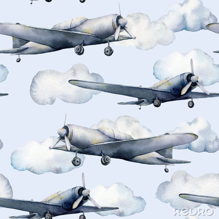 Papier peint  Avions aquarellés sur un fond de ciel bleu avec des nuages