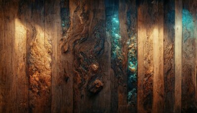 Papier peint  Background of old wood with epoxy resin in blue. wooden table top with blue epoxy, old boards, wood patterns, old dark wood background. 3D illustration.