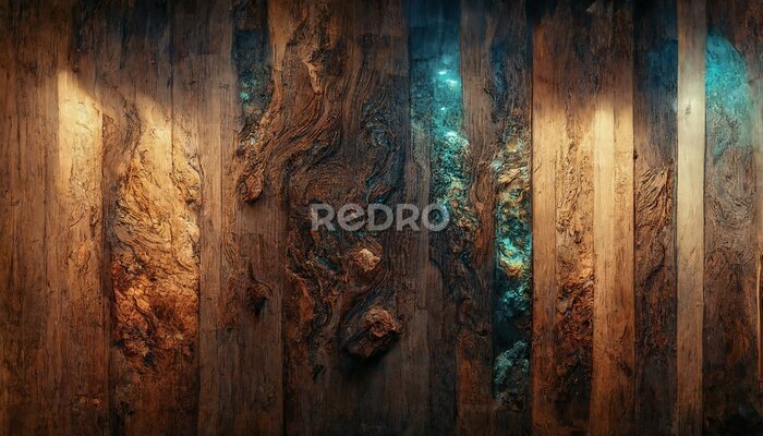 Papier peint  Background of old wood with epoxy resin in blue. wooden table top with blue epoxy, old boards, wood patterns, old dark wood background. 3D illustration.