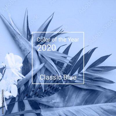 Papier peint  Background of tropical flowers, strelitzia and palm leaves, bouquet of exotic plants. Bluel trend color of the Year 2020.