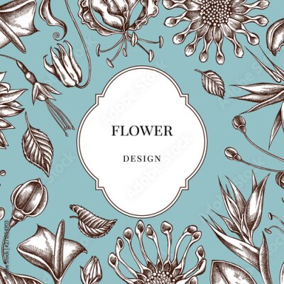 Papier peint  Badge over design with african daisies, fuchsia, gloriosa, king protea, anthurium, strelitzia