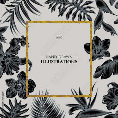 Papier peint  Badge over design with monstera, banana palm leaves, strelitzia, heliconia, tropical palm leaves, orchid