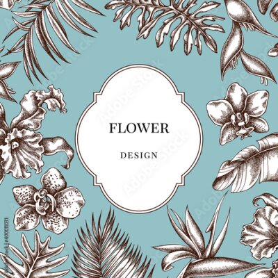 Papier peint  Badge over design with monstera, banana palm leaves, strelitzia, heliconia, tropical palm leaves, orchid