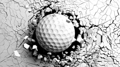 Balle de golf percée de force à travers un mur blanc. Illustration 3d