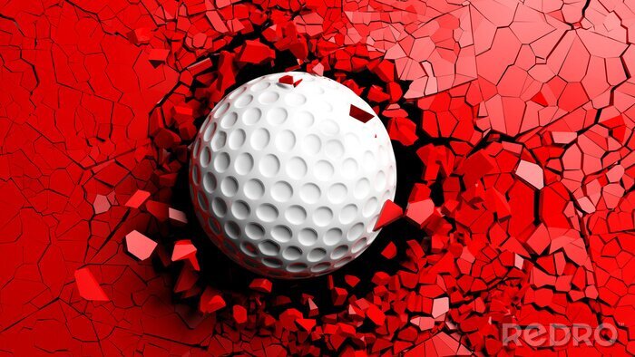 Papier peint  Balle de golf percée de force à travers un mur rouge. Illustration 3d